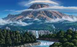 Rule 34 | blue sky, cloud, forest, game cg, genbu ravine, justinas vitkus, landscape, leaf, mountain, nature, no humans, official art, outdoors, river, rock, sky, third-party source, touhou, touhou cannonball, tree, water, waterfall, youkai mountain