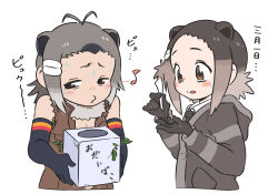 Rule 34 | 2girls, american beaver (kemono friends), animal ears, antenna hair, appleq, bare shoulders, beaver ears, black gloves, black hair, black necktie, blush stickers, breasts, brown eyes, brown hair, brown jacket, cleavage, collared shirt, commentary request, cropped torso, eighth note, elbow gloves, eurasian beaver (kemono friends), forehead, fur collar, gloves, grey hair, hair ornament, hairclip, half-closed eyes, highres, holding, jacket, kemono friends, multicolored hair, multiple girls, musical note, necktie, open clothes, open jacket, puckered lips, shirt, short eyebrows, simple background, sleeveless, sleeveless jacket, small breasts, sweat, thick eyebrows, translation request, two-tone hair, upper body, whistling, white background, white shirt