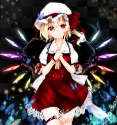 Rule 34 | 1girl, ascot, black background, blonde hair, bug, butterfly, chain, crystal, dress, flandre scarlet, hat, hat ribbon, highres, insect, leg ribbon, looking at viewer, mob cap, nekohashi, puffy sleeves, red eyes, ribbon, short hair, short sleeves, side ponytail, simple background, smile, snowflakes, solo, touhou, wings, wrist cuffs