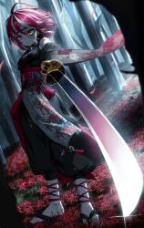 Rule 34 | 1girl, absurdres, black kimono, blurry, blurry background, camellia print, colored skin, commentary, deuljjugnaljjug, expressionless, floral print, flower, forehead protector, forest, glint, green eyes, grey skin, heterochromia, highres, holding, holding sword, holding weapon, hololive, hololive indonesia, japanese clothes, katana, kimono, kureiji ollie, kureiji ollie (new year), multicolored eyes, multicolored hair, nature, official alternate costume, patchwork skin, petals, red eyes, red hair, sandals, short hair, solo, spider lily, spider lily print, stitched face, stitches, sword, symbol-only commentary, symbol-shaped pupils, tree, virtual youtuber, weapon, wide sleeves, wind, x-shaped pupils, yellow eyes, zombie, zouri