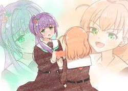 Rule 34 | 2girls, :d, absurdres, blush, brown dress, cerise bouquet, closed mouth, commentary request, corocoro567, crossed bangs, crying, crying with eyes open, d:, dress, flower, green background, green eyes, green neckerchief, hair bun, hair flower, hair ornament, hasu no sora school uniform, highres, hinoshita kaho, holding, holding flower, link! like! love live!, long hair, long sleeves, looking at another, love live!, medium dress, medium hair, multiple girls, neckerchief, open mouth, orange background, orange flower, orange hair, otomune kozue, pleated dress, projected inset, purple hair, rabbit hair ornament, red flower, red neckerchief, sailor collar, sailor dress, school uniform, side ponytail, sidelocks, single side bun, smile, tears, two-tone background, two side up, v-shaped eyebrows, virtual youtuber, white sailor collar, winter uniform, zoom layer