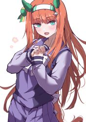 Rule 34 | 1girl, absurdres, animal ears, blue eyes, blunt bangs, blush, breasts, collarbone, commentary request, hair ornament, headband, highres, horse ears, horse girl, horse tail, itosu200, open mouth, orange hair, own hands clasped, own hands together, school uniform, silence suzuka (umamusume), simple background, small breasts, solo, tail, tracen school uniform, umamusume, white background