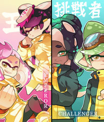 Rule 34 | + +, 4girls, :|, ankle boots, arm support, black hair, black pants, black skin, blunt bangs, boots, brown eyes, callie (splatoon), clenched hand, closed mouth, coat, colored skin, commentary, crown, dark-skinned female, dark skin, earclip, english commentary, english text, food, food on head, goggles, goggles on head, gomipomi, gradient background, gradient hair, green eyes, green hair, green nails, head rest, inkling, invisible chair, jacket, light smile, long hair, long sleeves, looking at viewer, marie (splatoon), marina (splatoon), medium hair, mole, mole under eye, mole under mouth, multicolored hair, multiple girls, nail polish, nintendo, object on head, octoling, open mouth, pants, pantyhose, parted lips, pearl (splatoon), pink hair, pointy ears, short hair, sitting, smirk, splatoon (series), splatoon 2, squidbeak splatoon, standing, sushi, symbol-shaped pupils, tentacle hair, translation request, yellow coat, yellow footwear, yellow jacket