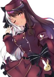 Rule 34 | 1girl, armband, belt, bow, breasts, brown hair, cowboy shot, dress, dutch angle, hair bow, hat, highres, long hair, long sleeves, looking at viewer, medium breasts, military hat, multicolored hair, nijisanji, one eye closed, parted lips, peaked cap, rabbit pin, red hair, red hat, ryoutsu, silver hair, simple background, solo, split-color hair, transparent background, virtual youtuber, white background, yorumi rena, yorumi rena (2nd costume)