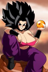 Rule 34 | 1girl, absurdres, ball, black eyes, black hair, blindstash, bracelet, breasts, caulifla, clothes, curious, dragon ball, dragon ball (object), dragon ball super, female focus, highres, huge breasts, jewelry, large breasts, looking at viewer, medium hair, muscular, muscular female, open mouth, rock, saiyan, sitting, smile, solo