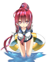 Rule 34 | 10s, 1girl, arms behind back, blush, hair ribbon, highres, i-168 (kancolle), innertube, kantai collection, leaning forward, long hair, looking at viewer, open mouth, personification, ponytail, red eyes, red hair, ribbon, school swimsuit, school uniform, serafuku, solo, swim ring, swimsuit, swimsuit under clothes, unomi