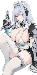 Rule 34 | 1girl, alternate costume, apron, bikini, blue eyes, blush, bow, breast tattoo, breasts, cleavage, closed mouth, dress, enmaided, ethel (xenoblade), frills, gloves, grey hair, haoni, highres, holding, huge breasts, knee up, long hair, looking at viewer, maid, maid apron, maid headdress, puffy sleeves, ribbon, sitting, solo, swimsuit, sword, tattoo, thighhighs, thighs, very long hair, weapon, white background, xenoblade chronicles (series), xenoblade chronicles 3