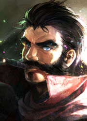 Rule 34 | 1boy, bara, beard, blue eyes, cigar, facial hair, graves (league of legends), hair slicked back, karipaku, league of legends, light, looking at viewer, male focus, mature male, mustache, portrait, short hair, smoking, solo, sparkle, thick eyebrows, wrinkled skin