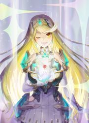 Rule 34 | 1girl, absurdres, armor, bad id, bad pixiv id, bare shoulders, blonde hair, breasts, chest jewel, dress, earrings, elbow gloves, gloves, highres, jewelry, large breasts, long hair, looking at viewer, mythra (massive melee) (xenoblade), mythra (xenoblade), nintendo, one eye closed, open mouth, pos (shiratama-ya), short dress, shoulder armor, smash invitation, smile, solo, sparkle, sunlight, super smash bros., swept bangs, tiara, white dress, xenoblade chronicles (series), xenoblade chronicles 2