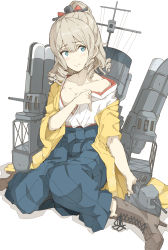 Rule 34 | 10s, 1girl, blue eyes, blue hakama, boots, bow, breasts, brown footwear, collarbone, cross-laced footwear, drill hair, hair bow, hakama, hakama skirt, hatakaze (kancolle), japanese clothes, kantai collection, kimono, lace-up boots, light brown hair, machinery, medium breasts, meiji schoolgirl uniform, ninimo nimo, ponytail, red bow, short hair, simple background, skirt, solo, turret, white background, yellow kimono