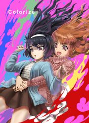Rule 34 | 10s, 2girls, abazu-red, aran sweater, black hair, black skirt, blue sweater, blunt bangs, cable knit, cardigan, casual, commentary, dutch angle, english text, girls und panzer, hairband, highres, hug, hug from behind, layered skirt, long hair, multicolored background, multiple girls, open cardigan, open clothes, open mouth, orange eyes, orange hair, parted lips, pink sweater, reizei mako, shirt, skirt, smile, striped clothes, striped shirt, sweater, takebe saori, turtleneck, turtleneck sweater, white hairband, white shirt, white skirt