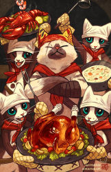 Rule 34 | animal ears, ascot, bandana, cat, cat ears, crossed arms, fangs, felyne, food, highres, kerri aitken, lobster, looking at viewer, meowscular chef, monster hunter (series), monster hunter: world, no humans, oven mitts, plate, scar, smile, soup, turkey (food), whiskers