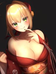 Rule 34 | 1girl, :q, ahoge, alternate costume, bare shoulders, black background, blonde hair, breasts, cleavage, closed mouth, collarbone, fate/extra, fate (series), flower, green eyes, hair flower, hair ornament, highres, japanese clothes, kimono, large breasts, long sleeves, looking at viewer, nero claudius (fate), nero claudius (fate) (all), nero claudius (fate/extra), obi, red kimono, sash, short hair, simple background, smile, solo, tongue, tongue out, wide sleeves, yayoi maka