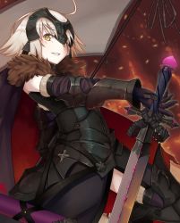 Rule 34 | 1girl, absurdres, ahoge, armor, beriko (dotera house), blonde hair, blush, chain, clenched teeth, cross, fate/grand order, fate (series), faulds, flag, fur trim, gauntlets, gloves, headpiece, highres, holding, holding sword, holding weapon, jeanne d&#039;arc (fate), jeanne d&#039;arc alter (avenger) (fate), jeanne d&#039;arc alter (fate), looking at viewer, outstretched arm, sheath, short hair, solo, sparks, sword, teeth, weapon, yellow eyes