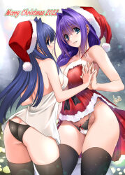 Rule 34 | 2girls, age difference, ass, babydoll, black panties, blue eyes, blue hair, braid, braided ponytail, breasts, butt crack, cameltoe, christmas, covered erect nipples, hat, highres, kanon, large breasts, long hair, looking at another, looking at viewer, mature female, medium breasts, merry christmas, minase akiko, minase nayuki, mitarashi kousei, mother and daughter, multiple girls, panties, purple hair, red babydoll, santa hat, smile, straight hair, underwear, white babydoll