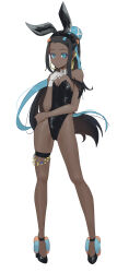 Rule 34 | 1girl, absurdres, alternate costume, bare shoulders, black footwear, black hair, blue eyes, blue hair, breasts, cleavage, closed mouth, collar, commentary request, creatures (company), dark-skinned female, dark skin, detached collar, full body, game freak, glenn (pixiv 51667782), gloves, gluteal fold, high heels, highres, leotard, long hair, looking at viewer, multicolored hair, nessa (pokemon), nintendo, playboy bunny, pokemon, pokemon swsh, simple background, small breasts, solo, standing, streaked hair, thigh strap, two-tone hair, white background, white collar, white gloves