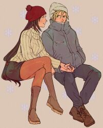 Rule 34 | 1boy, 1girl, beanie, black hair, black skirt, blonde hair, blue eyes, blush, boots, breasts, brown footwear, brown hair, casual, cloud strife, couple, final fantasy, final fantasy vii, final fantasy vii remake, full body, hand in pocket, hat, highres, holding hands, lanimalu, large breasts, long hair, long sleeves, low-tied long hair, pantyhose, parted lips, pom pom (clothes), pom pom beanie, red eyes, red headwear, sitting, skirt, smile, snowflakes, spiked hair, teeth, tifa lockhart, white headwear, winter clothes, winter hat