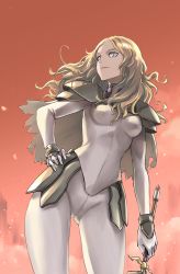 Rule 34 | 1girl, armor, blonde hair, breasts, cape, claymore (series), cowboy shot, crotch seam, grey eyes, hand on own hip, light smile, long hair, looking to the side, skin tight, solo, sword, tea (nakenashi), teresa, weapon