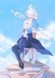 Rule 34 | 2girls, plana (blue archive), arona (blue archive), behind another, black choker, black coat, black hairband, black pantyhose, black serafuku, black skirt, blue archive, blue eyes, blue hair, blue serafuku, blue sky, braid, chair, choker, cloud, cloudy sky, coat, colored inner hair, day, desk, dual persona, floating hair, grey eyes, hair over one eye, hair ribbon, hairband, halo, highres, holding hands, light blue hair, loafers, long hair, long skirt, long sleeves, looking up, multicolored hair, multiple girls, nuudoru, on chair, open mouth, outdoors, pantyhose, parted lips, pile, pink hair, pleated skirt, pointing, pointing up, puffy long sleeves, puffy sleeves, ribbon, school chair, school desk, school uniform, serafuku, shoes, short hair, side braid, sitting, skirt, sky, smile, sneakers, standing, white ribbon, white skirt, wind