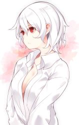 Rule 34 | 1girl, akira (otokuyou), albino, blouse, breasts, cleavage, closed mouth, collarbone, dress shirt, from side, hair between eyes, large breasts, looking to the side, naked shirt, original, otokuyou, red eyes, shirt, short hair, solo, tsurime, upper body, wavy hair, white hair, white shirt