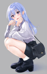 Rule 34 | 1girl, bag, blue eyes, blue hair, highres, idolmaster, idolmaster shiny colors, long hair, looking at viewer, mossan (mossan-777), shoes, simple background, smile, solo, suzuki hana
