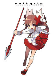 Rule 34 | 00s, 1girl, 2005, brown hair, dated, hamamoto ryuusuke, holding, long sleeves, open mouth, original, polearm, purple eyes, simple background, skirt, solo, weapon, white background