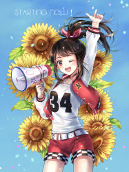 Rule 34 | 1girl, ;d, arm up, belt, black hair, blue background, bow, collarbone, cowboy shot, flower, hair bow, high ponytail, holding, holding megaphone, index finger raised, long hair, long sleeves, looking at viewer, megaphone, momoko (momoko14), one eye closed, open mouth, original, print shirt, red bow, red shorts, shirt, short shorts, shorts, smile, solo, standing, sunflower, white shirt, yellow flower