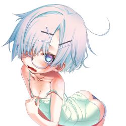 Rule 34 | 1girl, ass, blue eyes, blush, child, freckles, glasses, hair ornament, hair over one eye, hairclip, highres, looking at viewer, md5 mismatch, original, sakuya tsuitachi, shirt tug, short hair, silver hair, solo, strap slip, sweat, transparent background, wavy mouth