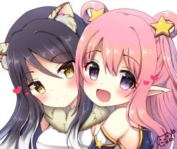 Rule 34 | 2girls, :d, animal ear fluff, animal ears, bare shoulders, black hair, blush, brown eyes, character request, closed eyes, closed mouth, commentary request, fur collar, hair between eyes, hair rings, head tilt, heart, heart in eye, highres, looking at viewer, looking to the side, multiple girls, nyano21, open mouth, pink hair, pointy ears, princess connect!, purple eyes, shirt, siblings, signature, simple background, sisters, sleeveless, sleeveless shirt, smile, star (symbol), symbol in eye, white background