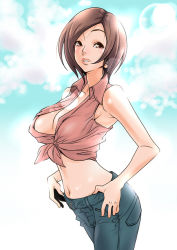 Rule 34 | 1girl, armpits, breasts, brown eyes, brown hair, casual, cleavage, denim, female focus, front-tie top, hirabaru kenji, jeans, large breasts, lips, meiko (vocaloid), midriff, navel, outdoors, pants, short hair, sky, smile, solo, vocaloid