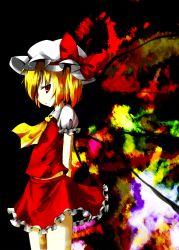 Rule 34 | 1girl, blonde hair, expressionless, flandre scarlet, frilled skirt, frills, giwa, hat, highres, looking at viewer, mob cap, puffy short sleeves, puffy sleeves, red eyes, short sleeves, side ponytail, skirt, touhou, vest