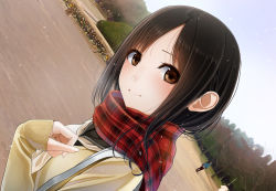 Rule 34 | 1girl, brown eyes, day, dutch angle, from side, kentaurosu, long hair, long sleeves, looking at viewer, looking to the side, original, outdoors, plaid, plaid scarf, red scarf, sailor collar, scarf, short hair, sky, smile, snowing, solo focus, sweater, tree, upper body