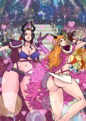 Rule 34 | 2girls, 6+boys, armor, beast pirates uniform, bikini, black hair, breasts, cleavage, flower, gloves, hair flower, hair ornament, heart, horns, huge breasts, kakutou oukoku, large breasts, long hair, multiple boys, multiple girls, nami (one piece), nico robin, o-ring, o-ring top, ohcock, one piece, orange hair, pauldrons, queen (one piece), scratchmen apoo, shoulder armor, smile, sunglasses on head, swimsuit