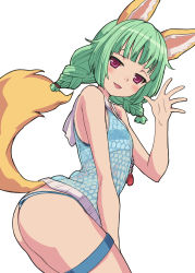 Rule 34 | 1girl, absurdres, animal ear fluff, animal ears, ass, bare arms, bare shoulders, bikini, bikini bottom only, blue shirt, chain, character request, commentary request, eyebrows hidden by hair, fox ears, fox girl, fox tail, green hair, hand up, heart, highres, hood, hood down, leaning forward, long hair, looking at viewer, looking to the side, low twintails, nyama, purple eyes, shirt, short twintails, simple background, sleeveless, sleeveless shirt, solo, striped bikini, striped bikini bottom, striped clothes, swimsuit, tail, tail raised, tera online, thigh strap, twintails, white background