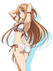 Rule 34 | 1girl, armpits, arms behind head, arms up, ass, asuna (sao), bare shoulders, bikini, breasts, brown eyes, brown hair, commentary request, from side, halterneck, large breasts, long hair, looking at viewer, mutou keiji, side-tie bikini bottom, simple background, smile, solo, string bikini, swimsuit, sword art online, white background, white bikini