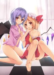 Rule 34 | 2girls, :o, bare legs, bare shoulders, barefoot, bat wings, blonde hair, blush, bottomless, checkered floor, collarbone, feet, flandre scarlet, hat, hat ribbon, incest, light purple hair, looking at viewer, multiple girls, no bra, no headwear, no headwear, no panties, off shoulder, one side up, open clothes, open shirt, oukatihiro, red eyes, reflection, remilia scarlet, ribbon, shirt, siblings, sisters, sitting, soles, spread legs, toes, torn clothes, torn shirt, touhou, window, wings, yuri