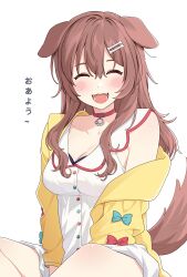 Rule 34 | 14 (vision5032), 1girl, ^ ^, absurdres, animal ears, blush, bone hair ornament, breasts, brown hair, cleavage, closed eyes, collar, collarbone, commentary, dog ears, dog girl, dog tail, dress, facing viewer, fangs, feet out of frame, hair between eyes, hair ornament, highres, hololive, inugami korone, inugami korone (1st costume), jacket, long hair, medium breasts, off shoulder, open mouth, red collar, sidelocks, simple background, sitting, sleeveless, sleeveless dress, smile, solo, tail, translated, virtual youtuber, white background, white dress, yellow jacket