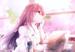 Rule 34 | 1girl, alternate costume, bespectacled, book, breasts, commentary request, fate/grand order, fate (series), glasses, highres, indoors, jiang xin, long hair, looking away, purple hair, red eyes, scathach (fate), scathach (fate), solo