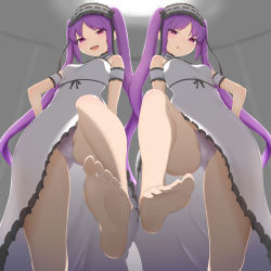 Rule 34 | 2girls, absurdres, barefoot, blush, coyomin, euryale (fate), fate/grand order, fate (series), feet, from below, hand on own hip, hands on own hips, headdress, highres, licking lips, long hair, looking at viewer, multiple girls, open mouth, panties, pantyshot, pov, purple eyes, purple hair, siblings, sisters, soles, standing, standing on one leg, stheno (fate), thighs, toes, tongue, tongue out, twins, twintails, underwear, very long hair
