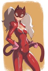 Rule 34 | 10s, 1girl, blonde hair, blue eyes, bodysuit, breasts, cleavage, looking at viewer, mask, persona, persona 5, solo, tail, takamaki anne, twintails, vins-mousseux
