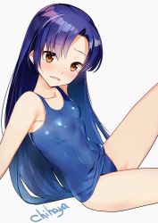 Rule 34 | 1girl, blue hair, blue one-piece swimsuit, blush, breasts, brown eyes, character name, collarbone, covered navel, from side, grey background, highres, idolmaster, idolmaster (classic), kisaragi chihaya, long hair, looking at viewer, one-piece swimsuit, open mouth, parted bangs, school swimsuit, shiny clothes, simple background, sitting, small breasts, solo, straight hair, swimsuit, very long hair, yamacchi