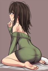 Rule 34 | 1girl, bad id, bad pixiv id, bare shoulders, barefoot, black eyes, black hair, hand on own chin, long hair, looking at viewer, naked sweater, off-shoulder, off-shoulder sweater, off shoulder, original, ribucci, sitting, solo, stroking own chin, sweater, wariza