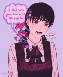 Rule 34 | 2girls, black hair, braid, chainsaw man, collared shirt, colored skin, commentary, crossover, english commentary, english text, flower, fourth east high school uniform, hair flower, hair ornament, highres, i think we&#039;re gonna have to kill this guy steven (meme), long hair, meme, mitaka asa, multiple girls, on shoulder, open mouth, pink hair, pink skin, pumpkingface, purple background, queen poppy, school uniform, shirt, simple background, speech bubble, star (symbol), star hair ornament, trolls (series), upper body, white shirt