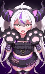 Rule 34 | 1girl, alternate costume, alternate hairstyle, animal ears, animal hands, belt, black horns, braid, braided bangs, cat ears, fake animal ears, fangs, gloves, grey hair, highres, hololive, horns, la+ darknesss, long hair, moromoro (mromro1129), multicolored hair, paw gloves, pointy ears, purple belt, purple hair, skirt, streaked hair, striped clothes, striped gloves, striped horns, thighhighs, twintails, virtual youtuber