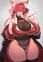 Rule 34 | 1girl, absurdres, bow, breasts, furry, grey background, hair bow, heterochromia, highres, hololive, houshou marine, image sample, jacket, kyuuri, large breasts, leotard, looking at viewer, red hair, solo, twintails, twitter sample, virtual youtuber