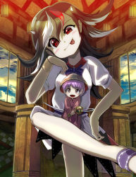 Rule 34 | 2girls, :p, black hair, bowl, crossed legs, grey horns, hat, highres, horns, japanese clothes, kijin seija, mallet, mini person, minigirl, multicolored hair, multiple girls, needle, open mouth, purple eyes, purple hair, red eyes, red hair, short hair, sitting, skirt, smile, sukuna shinmyoumaru, syope, tongue, tongue out, touhou, white hair