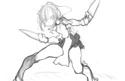 Rule 34 | 1girl, boots, dress, female focus, kimura akiyoshi, knife, legs, looking at viewer, monochrome, skirt, solo, weapon, white background