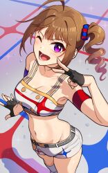 Rule 34 | 1girl, ahoge, bare shoulders, black gloves, blue scrunchie, blush, breasts, brown hair, cleavage, collarbone, commentary, drill hair, drill ponytail, fingerless gloves, flying sweatdrops, gloves, hair ornament, hair scrunchie, half gloves, highres, idolmaster, idolmaster million live!, idolmaster million live! theater days, kamille (vcx68), looking at viewer, medium hair, midriff, navel, one eye closed, open mouth, print scrunchie, purple eyes, red scrunchie, revision, scrunchie, side drill, side ponytail, small breasts, smile, solo, standing, star piece dreamer, sweat, sweatdrop, v, yokoyama nao