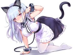 Rule 34 | 1girl, anchor, animal ears, apron, arm support, azur lane, breasts, cat ears, cat tail, clothing cutout, dido (azur lane), fake animal ears, tucking hair, hairband, large breasts, long hair, looking at viewer, pink eyes, rin2008, simple background, sitting, solo, tail, thighhighs, underboob, underboob cutout, waist apron, white background, white hair, white thighhighs, zettai ryouiki