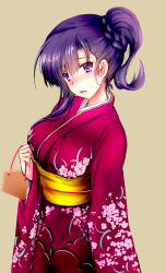 Rule 34 | 1girl, asymmetrical hair, blush, braid, breasts, cowboy shot, ema, floral print, furisode, happy new year, highres, japanese clothes, kimono, kimura shuuichi, large breasts, long sleeves, looking at viewer, new year, nose blush, obi, original, parted lips, purple eyes, purple hair, sash, side ponytail, sidelocks, solo, wide sleeves